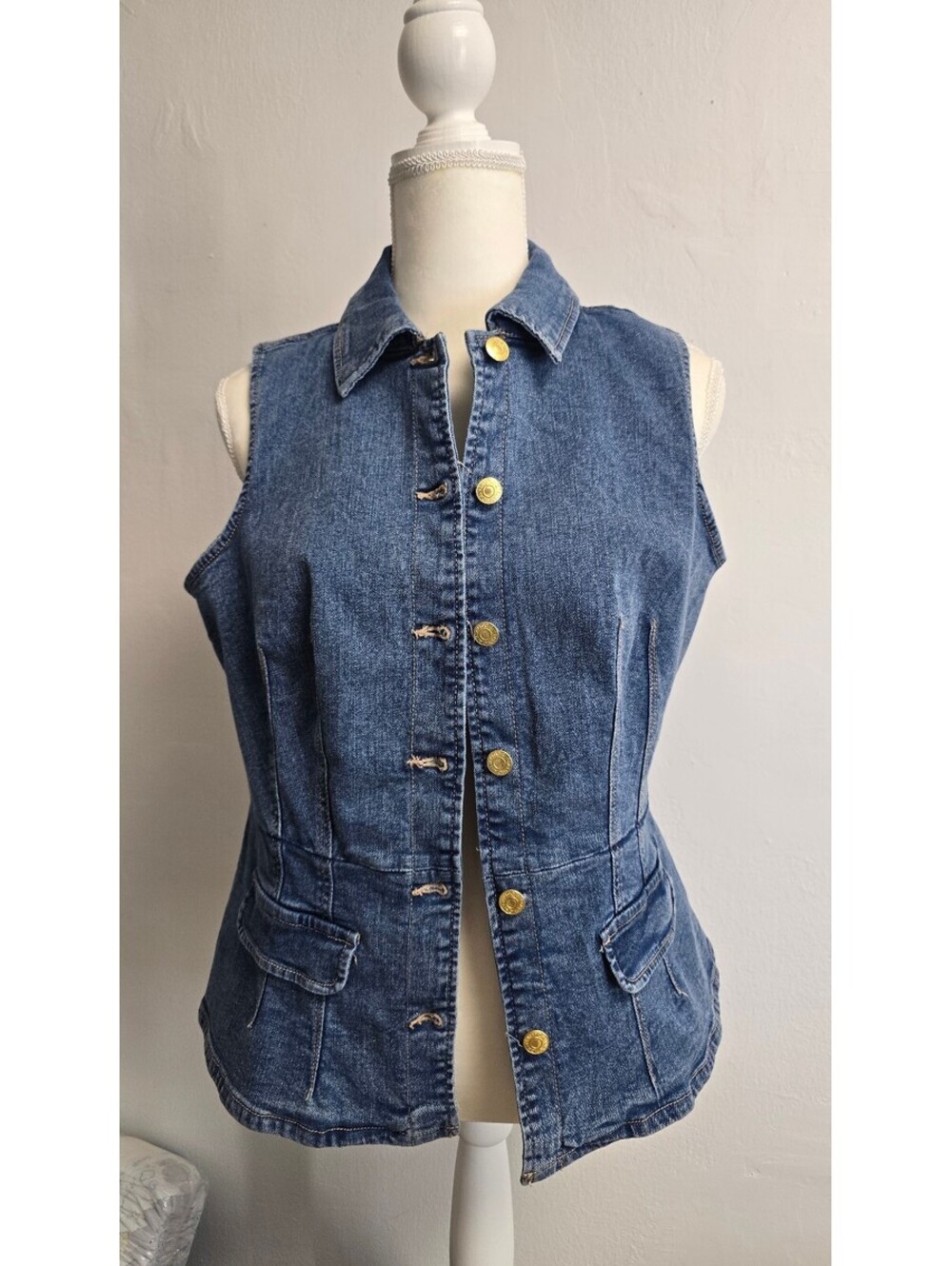Nautica Jeans Women Stretch Denim Vest Jacket Blue Gold